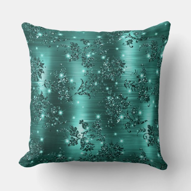 Snyggt Teal Shimmer Glitter och Foil Blommigt Kudde (Framsida)