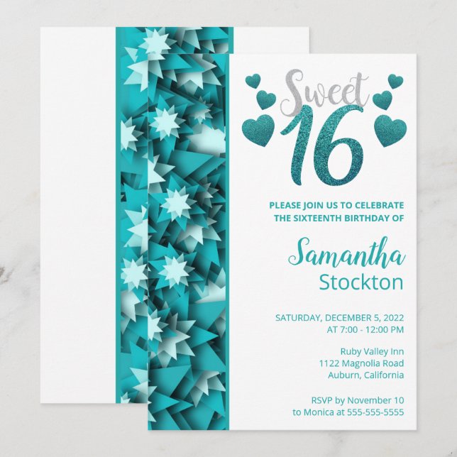Snyggt Teal Sweet 16-inbjudan Inbjudningar (Fram/baksida)