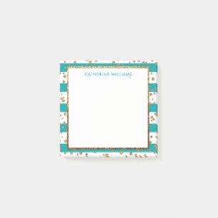 Snyggt Teal White Rand Guld Glitter Confetti Post-it Block