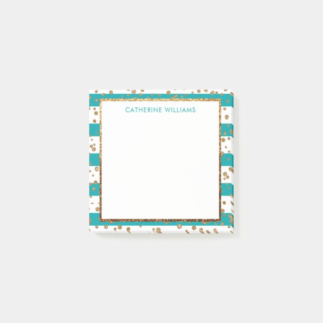 Snyggt Teal White Rand Guld Glitter Confetti Post-it Block (Framsida)