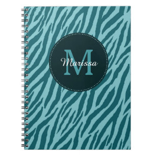 Snyggt Teal Zebra tryck med Monogram och Namn Anteckningsbok Med Spiral