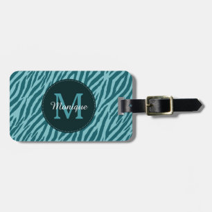 Snyggt Teal Zebra tryck med Monogram och Namn Bagagebricka