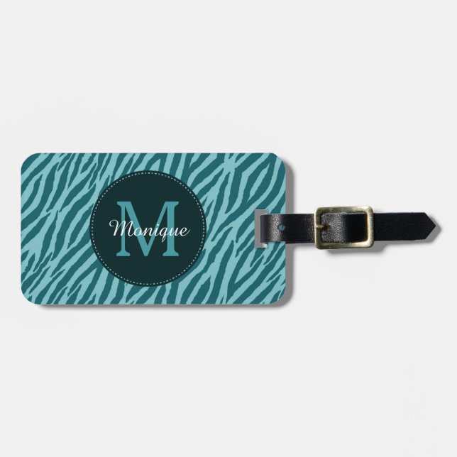 Snyggt Teal Zebra tryck med Monogram och Namn Bagagebricka (Horisontell Framsida)