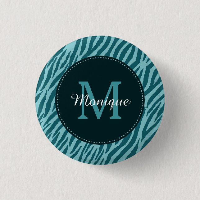 Snyggt Teal Zebra tryck med Monogram och Namn Knapp (Framsida)