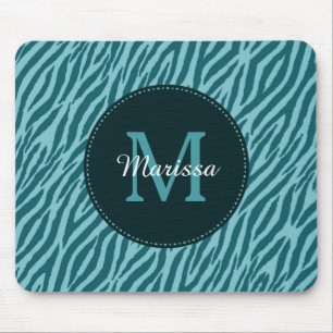 Snyggt Teal Zebra tryck med Monogram och Namn Musmatta