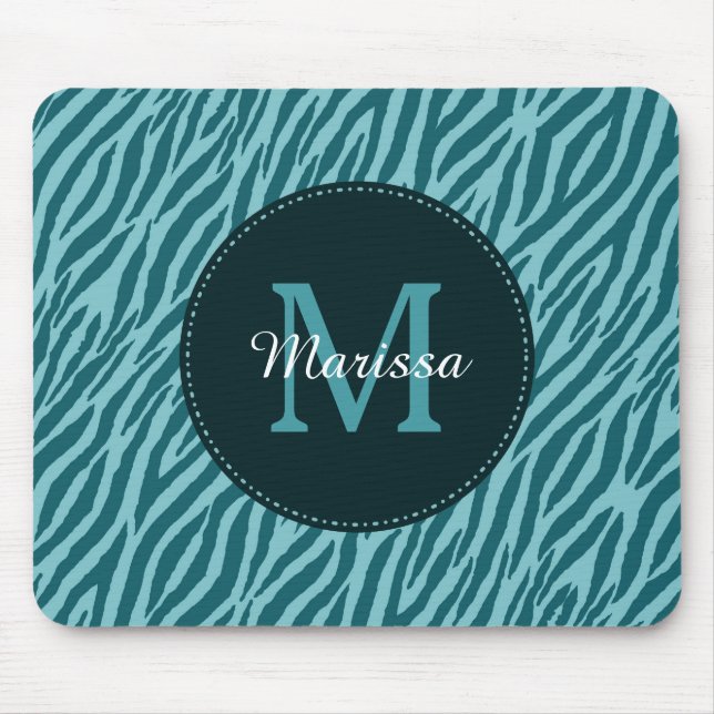 Snyggt Teal Zebra tryck med Monogram och Namn Musmatta (Framsidan)