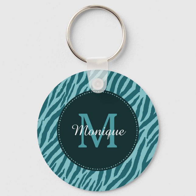 Snyggt Teal Zebra tryck med Monogram och Namn Nyckelring (Framsida)