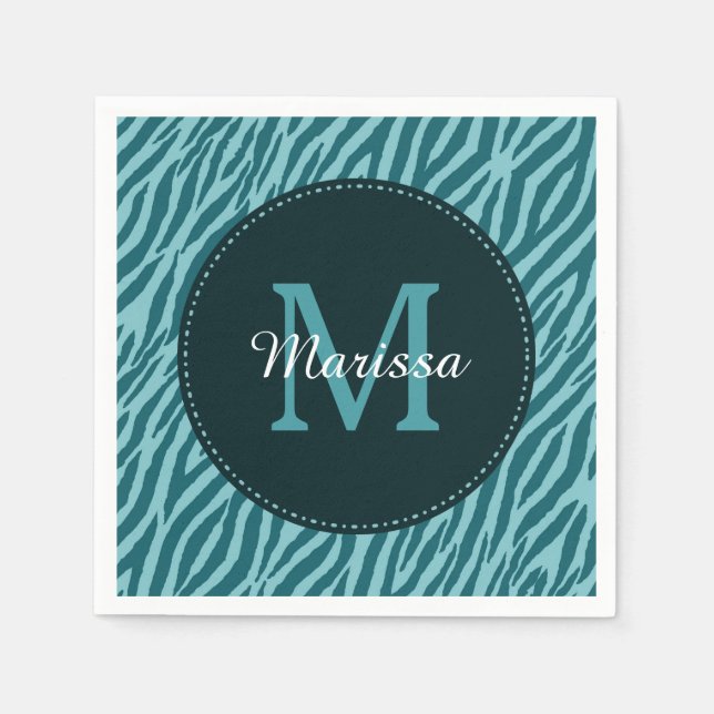 Snyggt Teal Zebra tryck med Monogram och Namn Pappersservett (Framsidan)