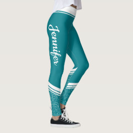 Snyggt tealblått blommigt, vitt rand och namn leggings