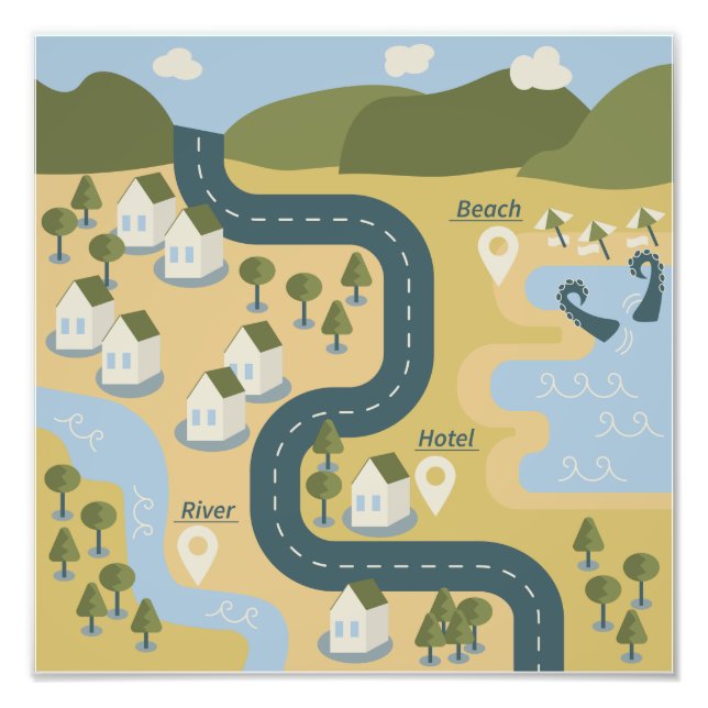 Snyggt tecknad Landskap semesterresa karta Fototryck (Framsidan)