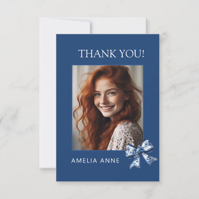 Snyggt Trendig Blue Bows Studenten Photo Tack Kort (Framsida)