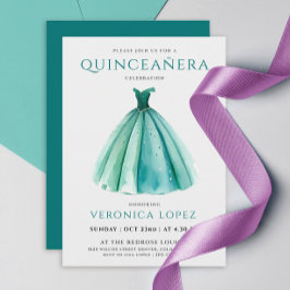 Snyggt Turcos Himmel Dress Quinceañera Watercolor Inbjudningar