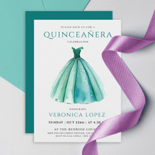 Snyggt Turcos Himmel Dress Quinceañera Watercolor Inbjudningar