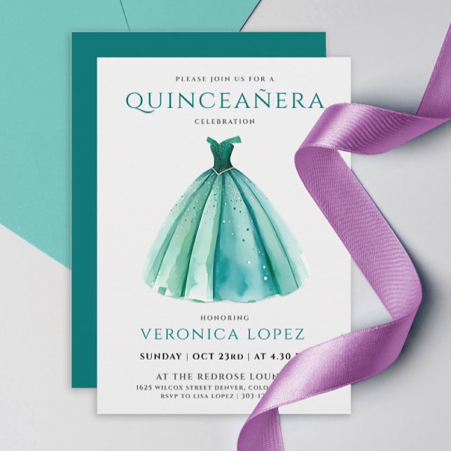 Snyggt Turcos Himmel Dress Quinceañera Watercolor Inbjudningar (Skapare uppladdad)