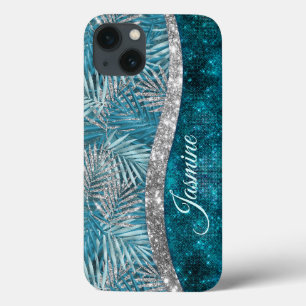 Snyggt turkos silver glitter löv monogram