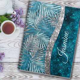 Snyggt turkos silver glitter löv monogram anteckningsbok