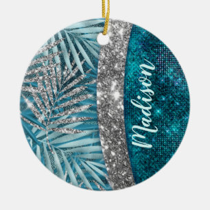 Snyggt turkos silver glitter löv monogram julgransprydnad keramik