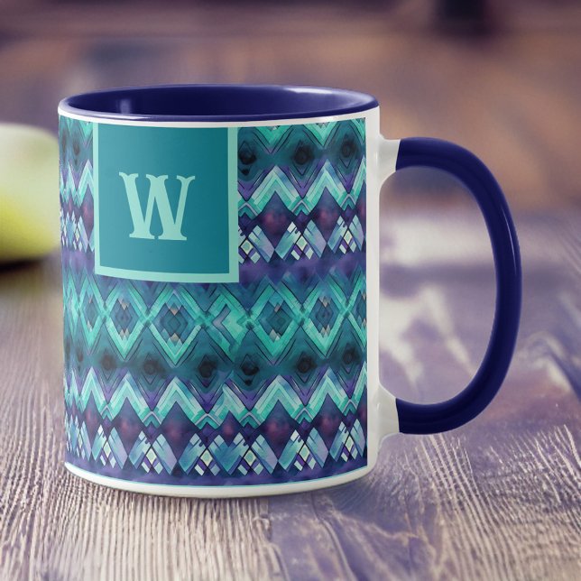 Snyggt Turquise Lila Tribal Mönster Monogram Mugg (Skapare uppladdad)