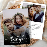Snyggt Typografi 2 Foto Bröllop tackkort Tack Kort<br><div class="desc">Boho Heart Modern Typography Bröllop 2 Photo tackto You Card. Snyggt Minimalist bröllop tackar dig för att du har en lodrät på framsidan med "Tack"-övertäckning i ett handskrivet calligraphy swash-skript-överlägg för svan med kärlek hjärtmotiv i vitt på bild. På baksidan ett foto och tack för meddelandemallen. Enkel att anpassa ditt...</div>