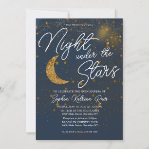 Snyggt under Stars Blue Guld Måne Quinceañera Inbjudningar