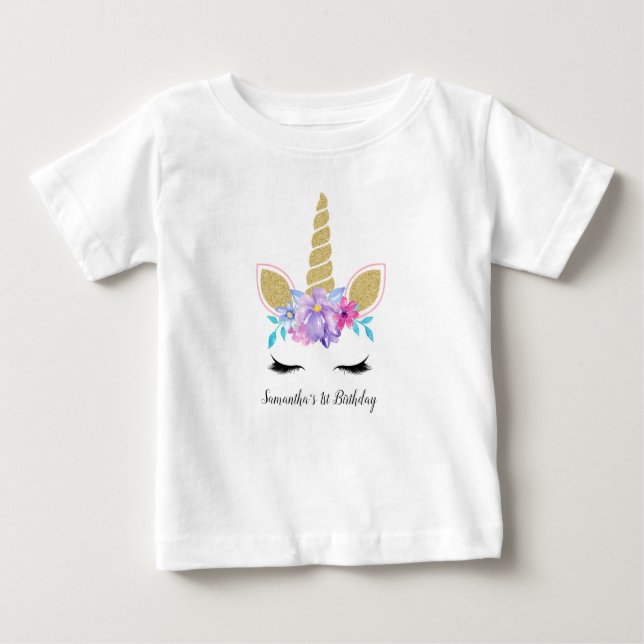 Snyggt Unicorn Lila Blommigt Första födelsedagsutt T Shirt (Framsida)