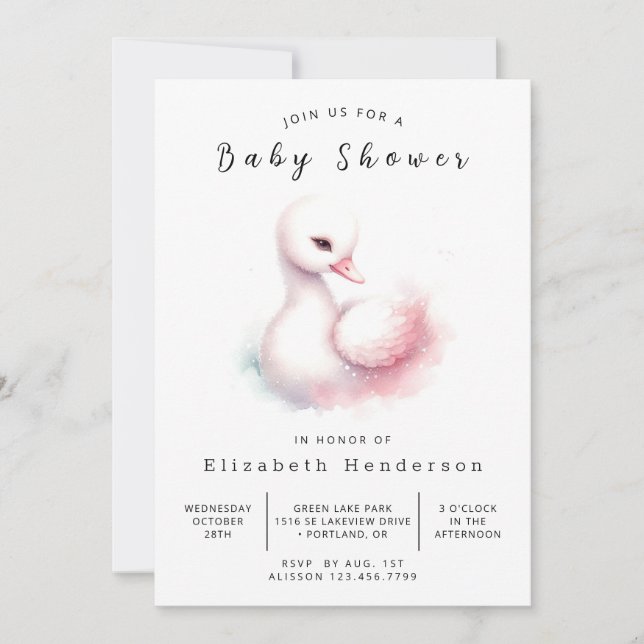 Snyggt Utskrivbar Svan Baby Shower Inbjudningar (Framsida)