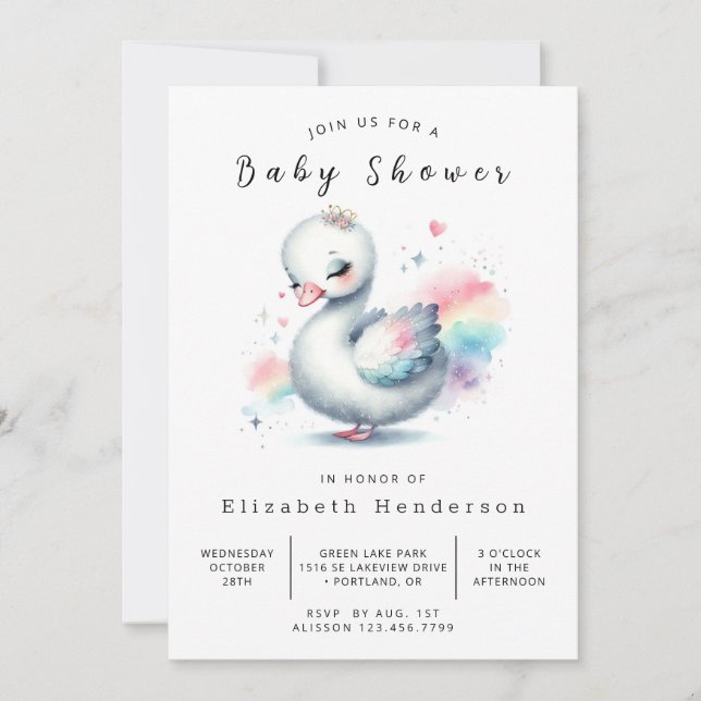 Snyggt Utskrivbar Svan Baby Shower Inbjudningar (Framsida)