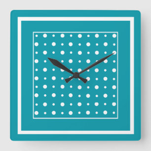 Snyggt Väggsklocka Vitt Polka dots på Teal Fyrkantig Klocka