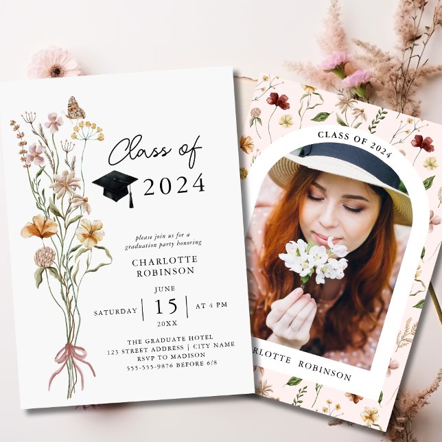 Snyggt Vår Wildbloms Studentfest Photo Inbjudningar (Stylish Spring Wildflower Graduation Party Photo Invitation)