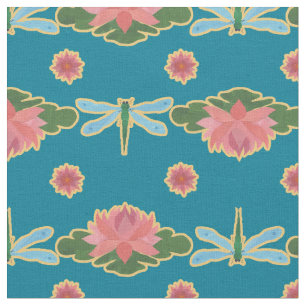 Snyggt Vatten Lilies och Dragonfly på Blue Fabric Tyg