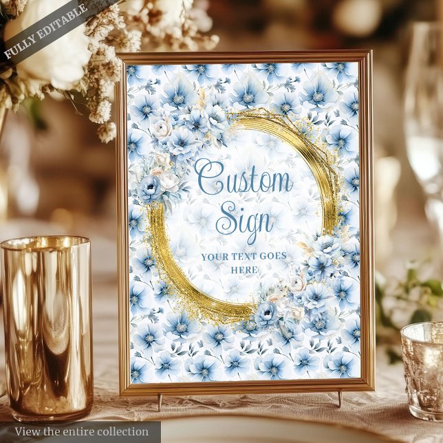 Snyggt Vattenfärg Pastel Blue Guld Bröllop Poster (Stylish Watercolor Pastel Blue Gold Wedding Sign)