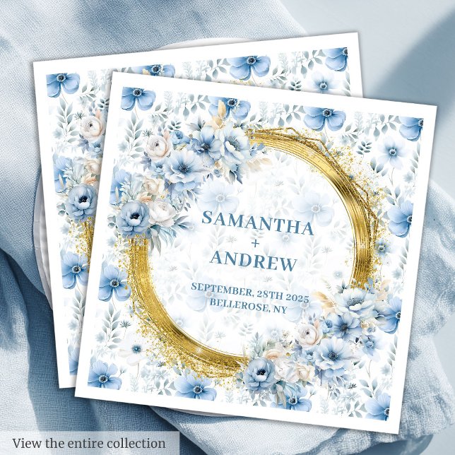 Snyggt Vattenfärgsfärg Ljusblå Guld-dekorfärg Bröl Pappersservett (Stylish Watercolor Light Blue Gold Accent Wedding Paper Dinner Napkins)