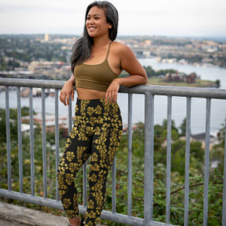 Snyggt Vintage Golden blommigt-utskrift på svart Leggings
