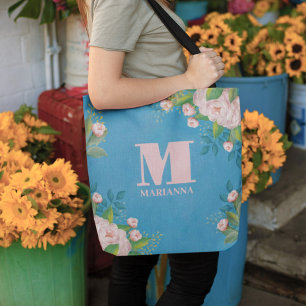 Snyggt Vintage Rosa ros Monogram Enkel Blommigt Tygkasse