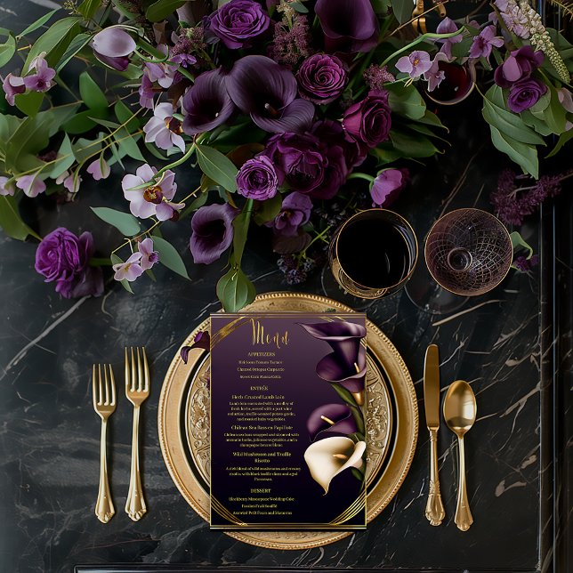 Snyggt Violet Lila och Guld Calla Lily Bröllop Meny (Stunning Gold and Violet Purple Wedding Menu )
