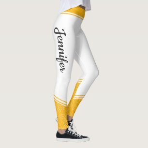 Snyggt, vit gult blommigt, vit rand och namn leggings