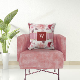 Snyggt Vit Magenta Rosa Blommigt Rand Monogram Kudde