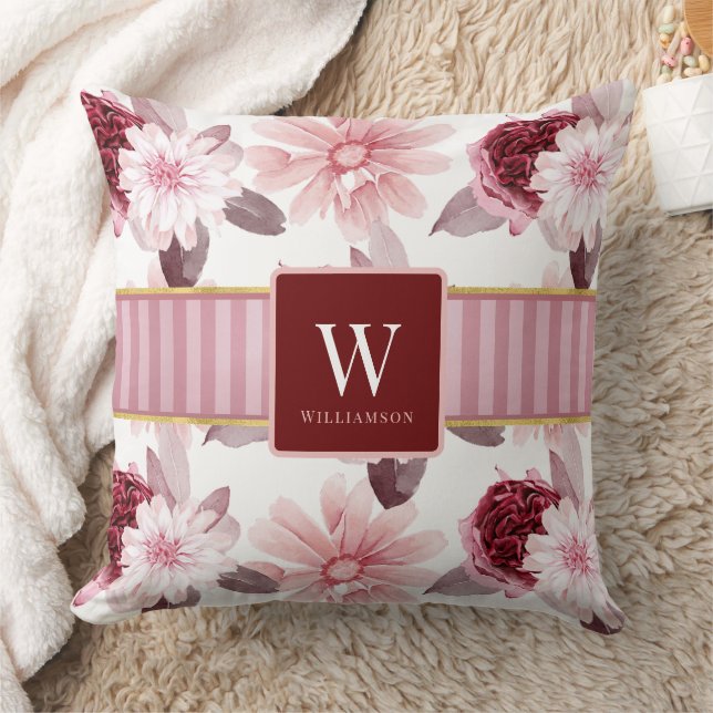 Snyggt Vit Magenta Rosa Blommigt Rand Monogram Kudde (Filt)