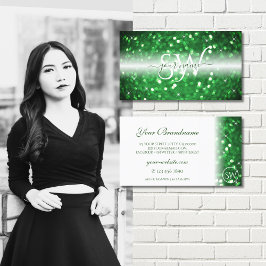 Snyggt Vit och Grönt mousserande Glitter Monogram Visitkort