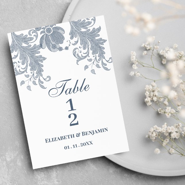 Snyggt, vita blåa blommigten snöre Bordsnummer (Stylish white mauve blue floral lace Table Numbers)