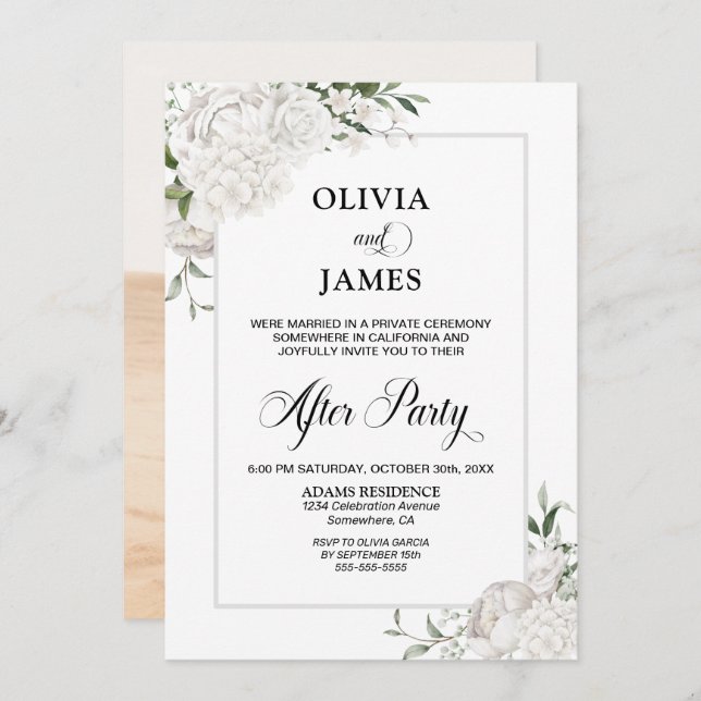 Snyggt Vita Blommigten Bröllop efter Party Inbjudningar (Fram/baksida)