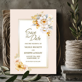 Snyggt Vita Guld Blommigten Bröllop spara datum Datumet