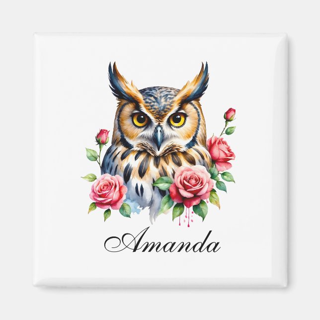 Snyggt Watercolor Blommigt Uggla Magnet (Framsidan)