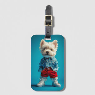 Snyggt Westie Valp i Denim och Sneakers Bagagebricka