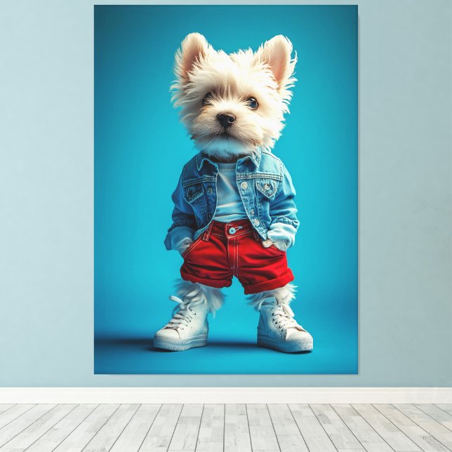 Snyggt Westie Valp i Denim och Sneakers Canvastryck (Insitu (trägolv))