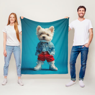 Snyggt Westie Valp i Denim och Sneakers Fleecefilt