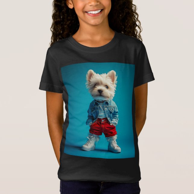 Snyggt Westie Valp i Denim och Sneakers T Shirt (Framsida)