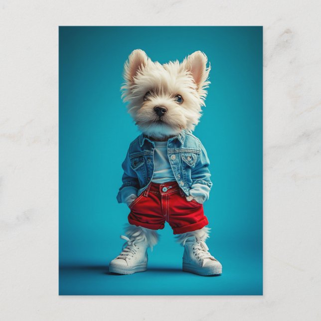 Snyggt Westie Valp i Denim och Sneakers Vykort (Framsida)