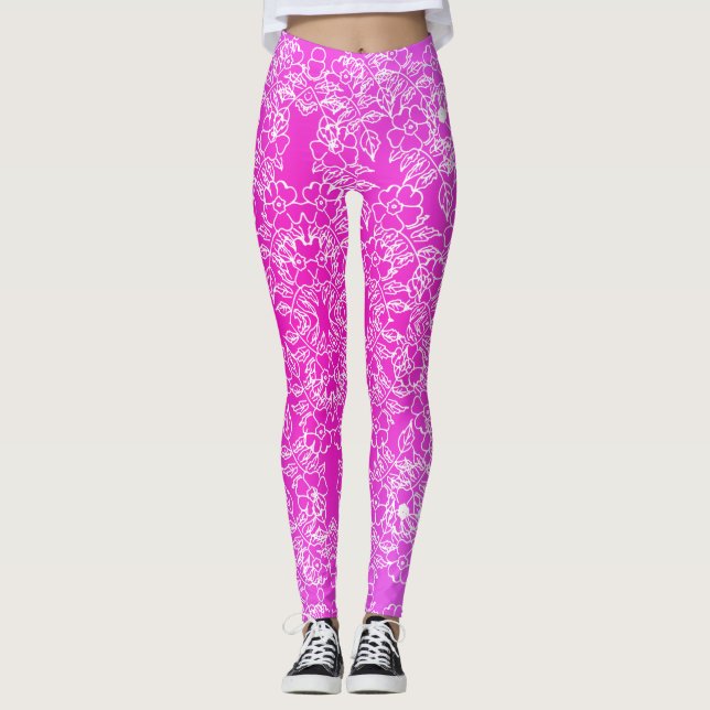 Snyggt White Blommigt print mönster på rosa Leggings (Framsida)