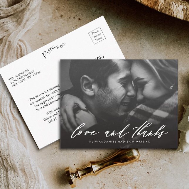 Snyggt White Calligraphy Bröllop Photo Tack Vykort (Front & Back)